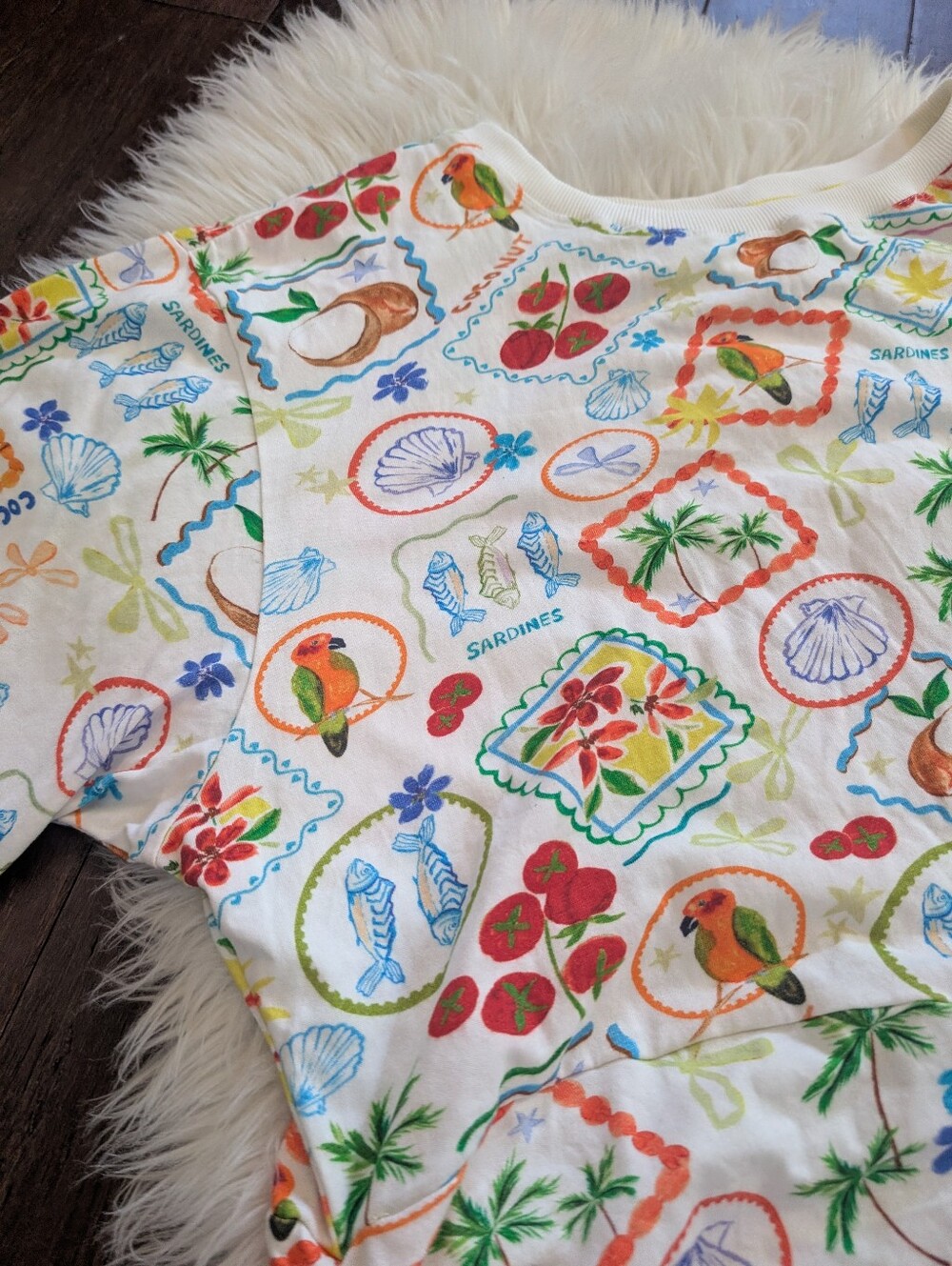 Celandine Cutout T-Shirt Mini Dress Tropical Sardine Tomato Summer Print L Large - Picture 5 of 8
